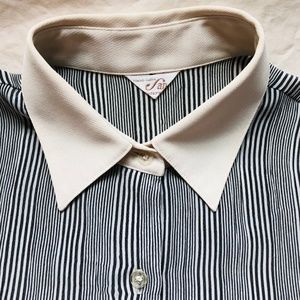 Women White Contrast Collar Non Iron Stripe Button Up Down Long Sleeves Shirt S